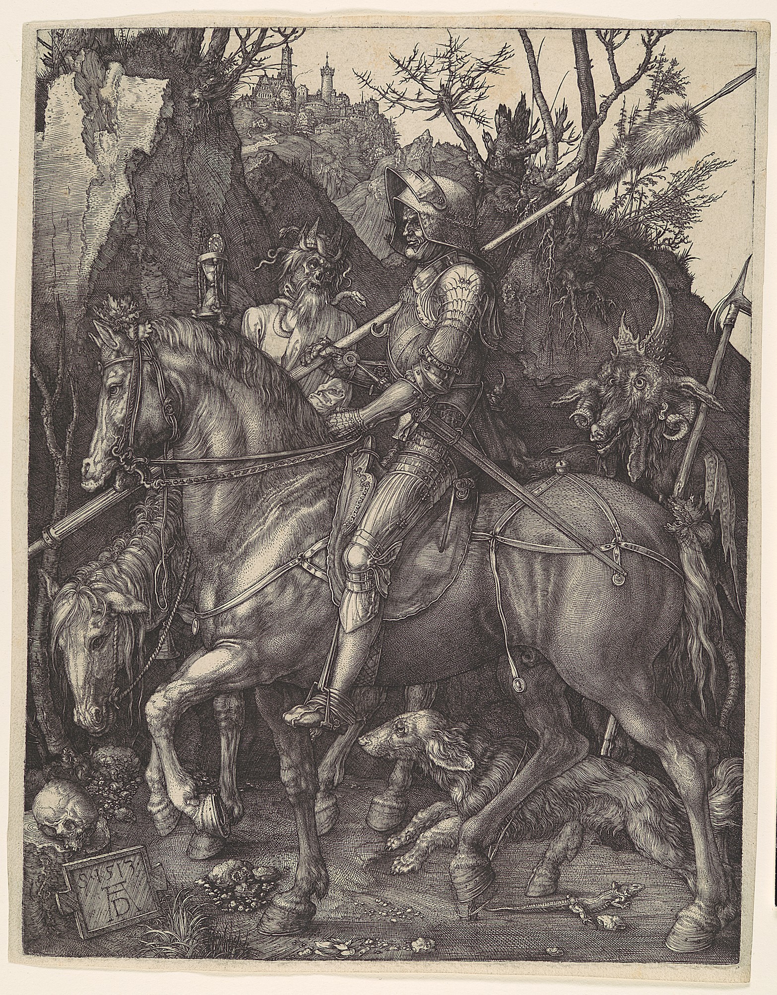 Historic Dürer engraving of an armoured knight riding through a forest.